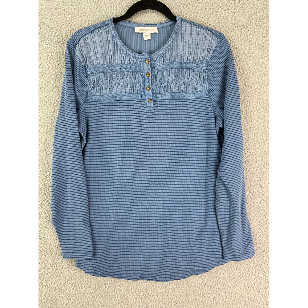 Coldwater Creek Henley Top Women L Blue Ribbed Smocked Lace Trim Long Sleeve